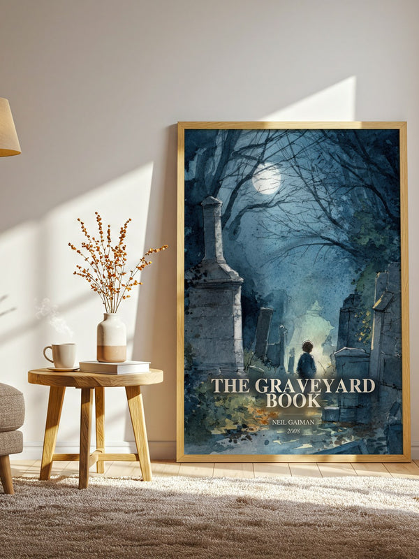 The Graveyard Book watercolour print in frame leaning in hallway – childrens wall art