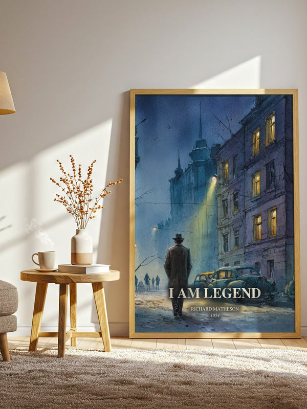I Am Legend watercolour print in frame leaning in hallway – horror wall art