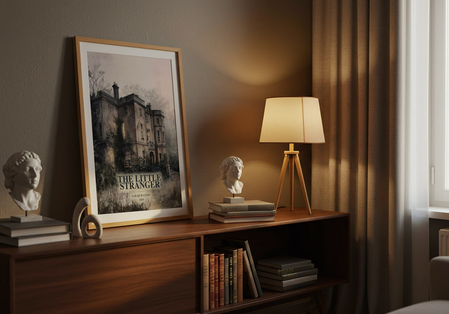 The Little Stranger watercolour print on bookshelf – Sarah Waters fan gift