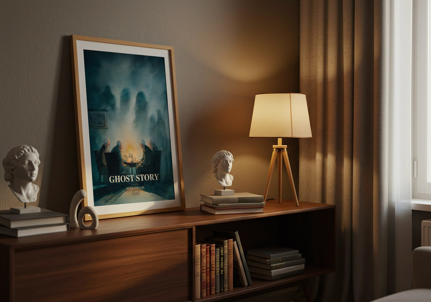 Ghost Story watercolour print on bookshelf – Peter Straube fan gift