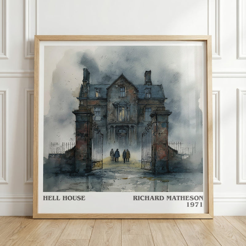 Hell House literary print in frame leaning in hallway – horror wall art