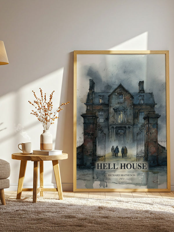 Hell House watercolour print in frame leaning in hallway – horror wall art