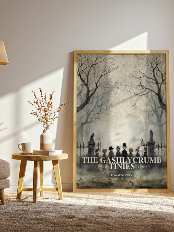 The Gashlycrumb Tinies watercolour print in frame leaning in hallway – childrens wall art