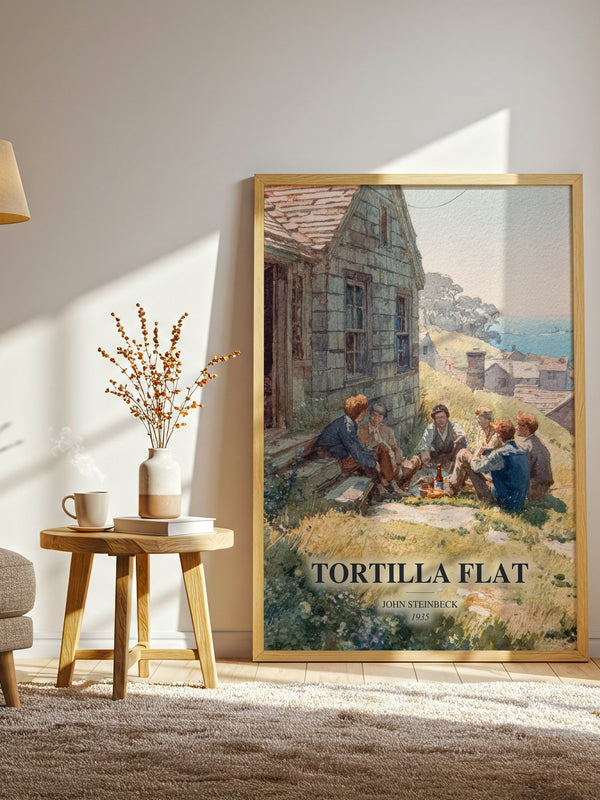 Tortilla Flat watercolour print in frame leaning in hallway – literary fiction wall art