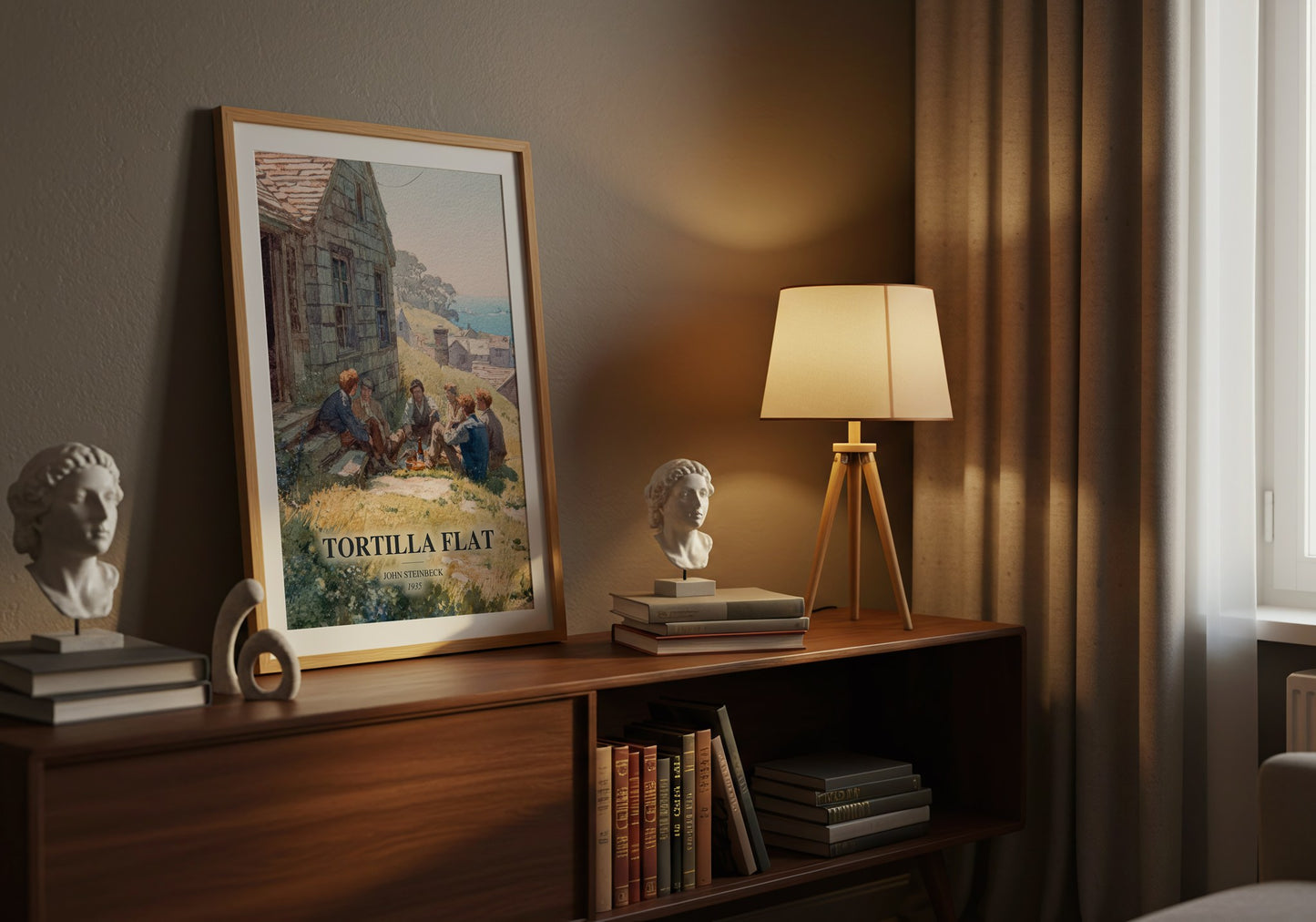 Tortilla Flat watercolour print on bookshelf – John Steinbeck fan gift