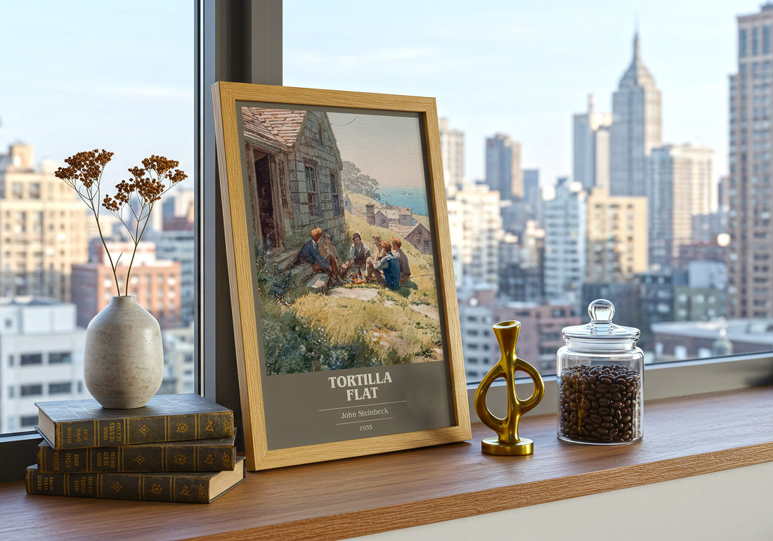 Tortilla Flat Book Cover Poster by John Steinbeck – framed print on a city-view windowsill