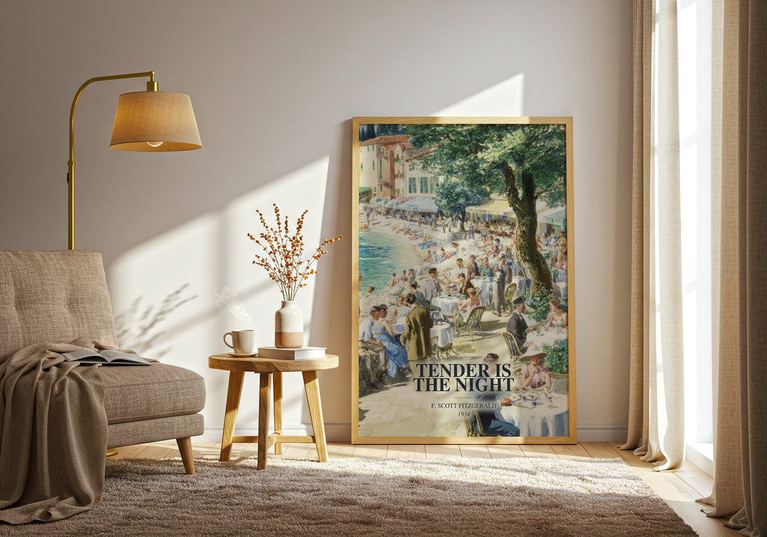 Tender Is The Night watercolour print in frame leaning in hallway – literary fiction wall art (mockup)