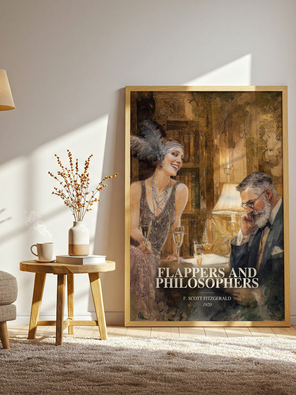 Flappers And Philosophers watercolour print in frame leaning in hallway – literary fiction wall art
