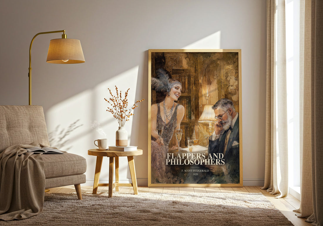 Flappers And Philosophers watercolour print in frame leaning in hallway – literary fiction wall art (mockup)