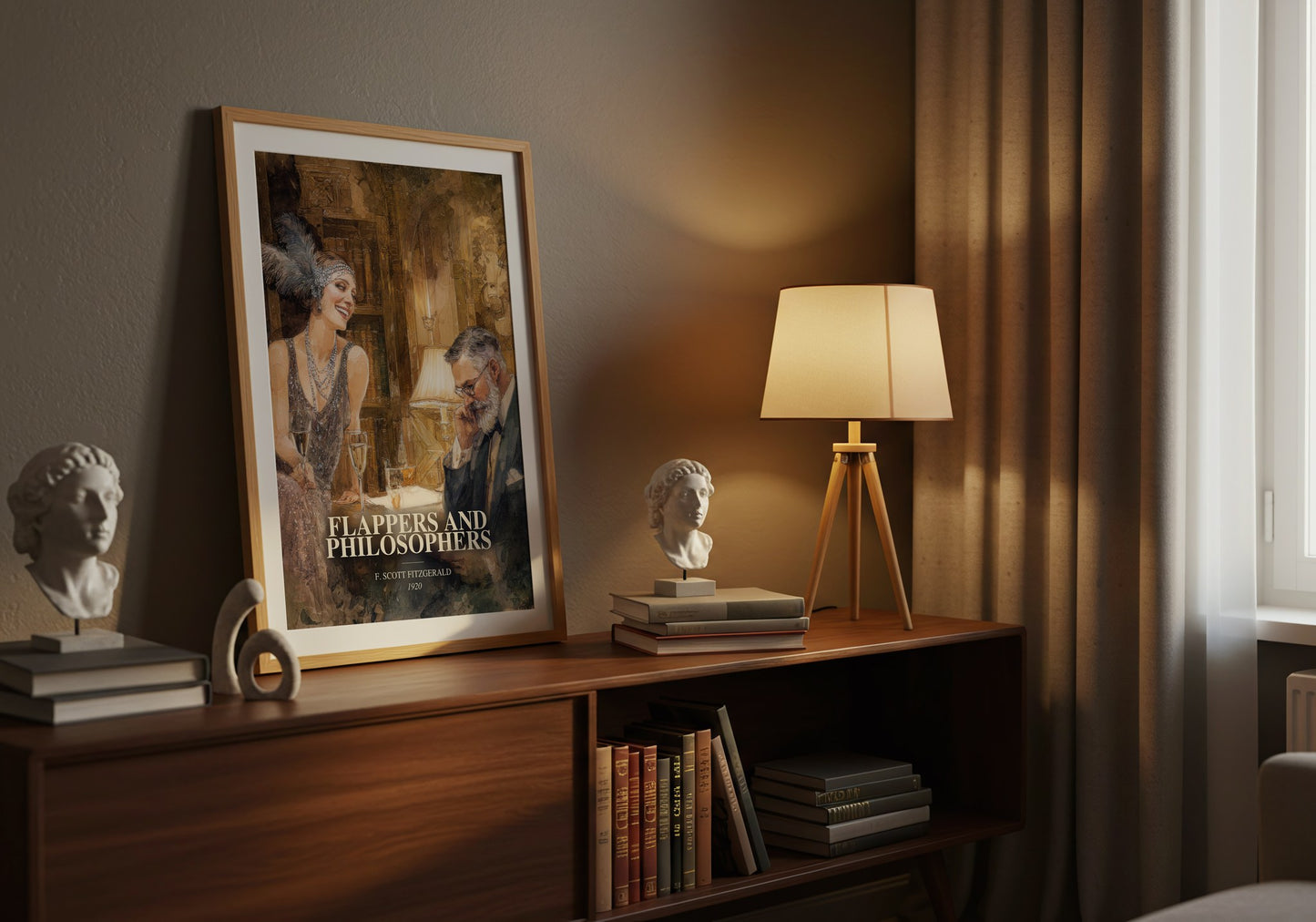 Flappers And Philosophers watercolour print on bookshelf – F. Scott Fitzgerald fan gift