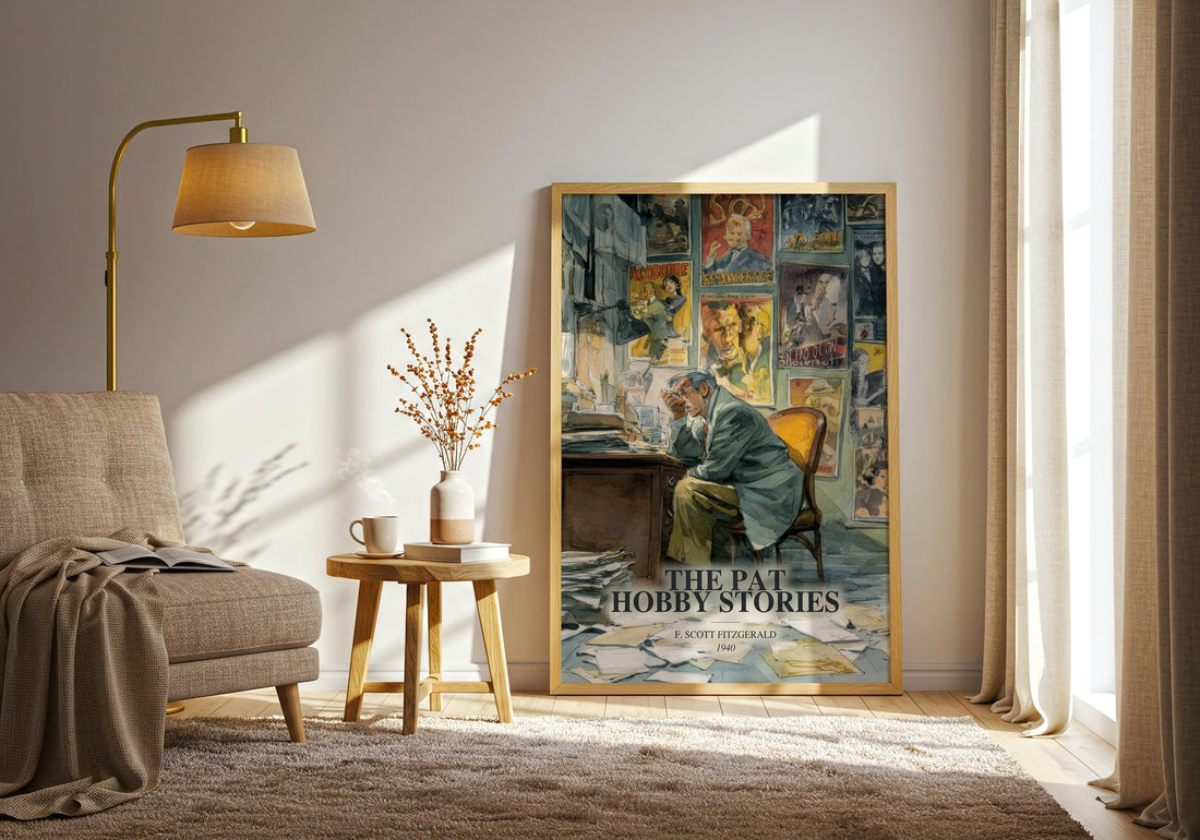 The Pat Hobby Stories watercolour print in frame leaning in hallway – literary fiction wall art (mockup)
