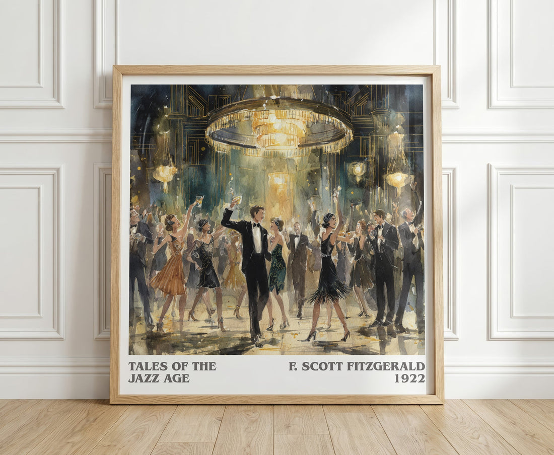 Tales from the Jazz Age literary print in frame leaning in hallway – satire wall art (mockup)