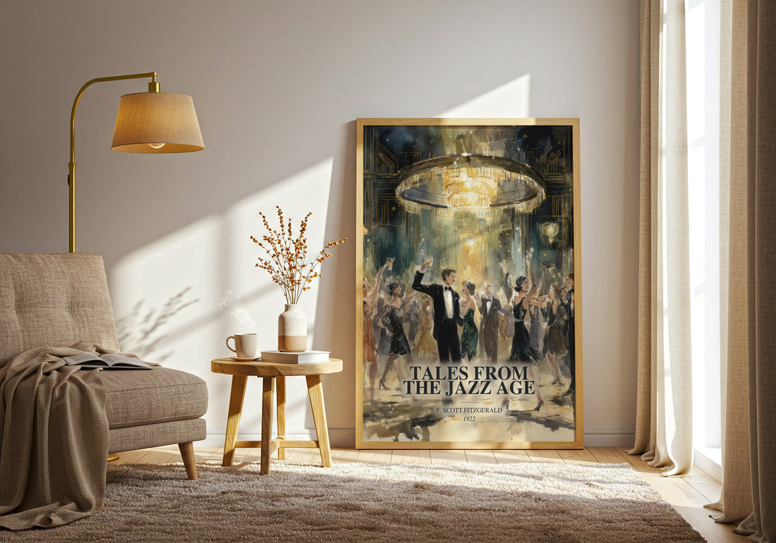 Tales From The Jazz Age watercolour print in frame leaning in hallway – classic literature wall art (mockup)