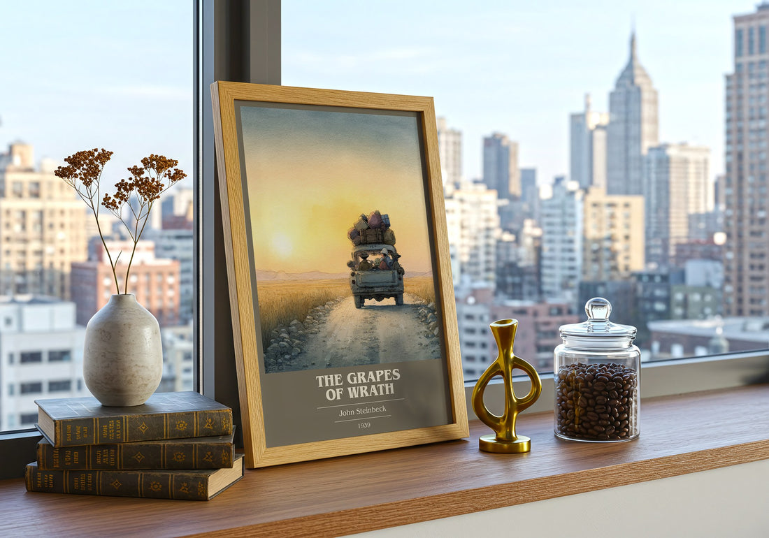 The Grapes of Wrath Book Cover Poster by John Steinbeck – framed print on a city-view windowsill