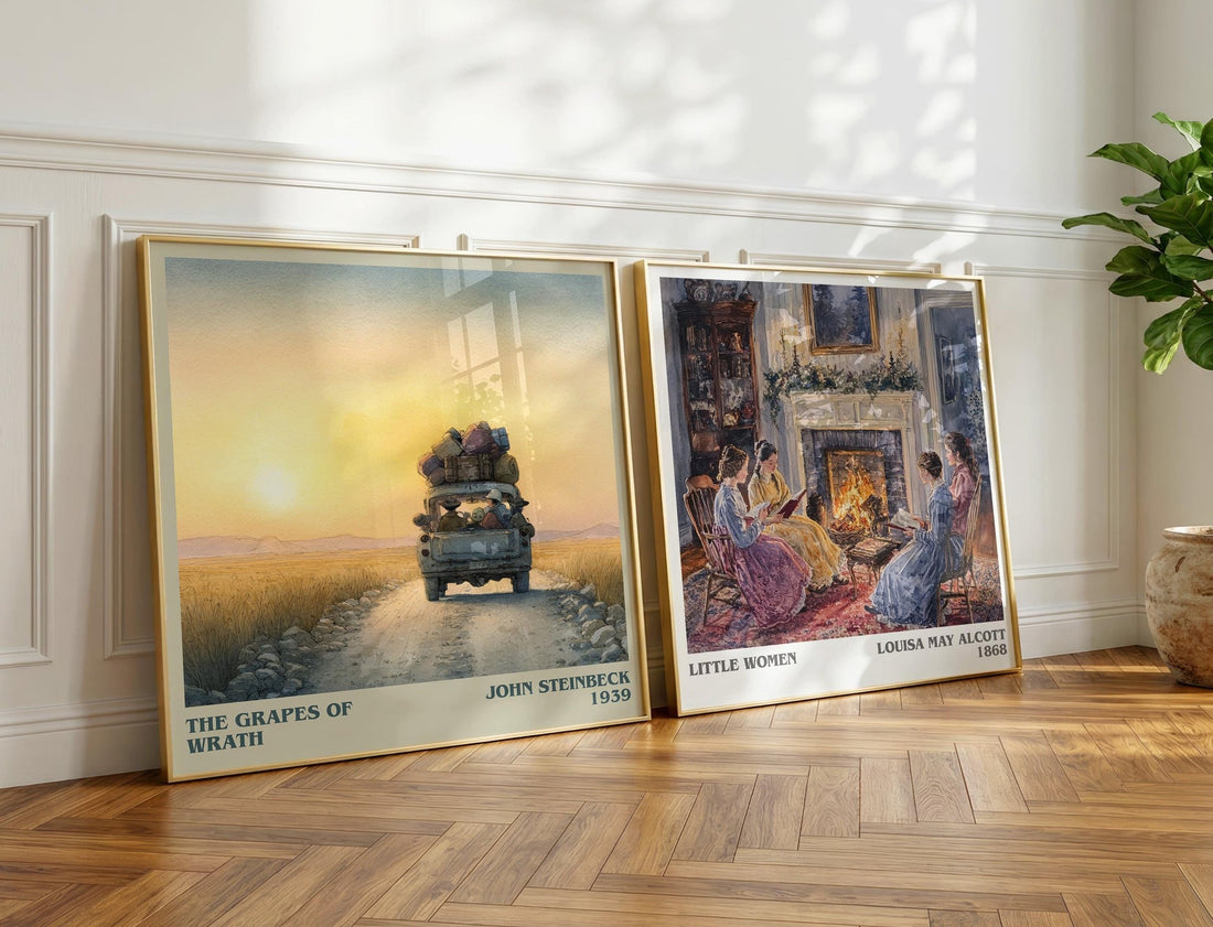 The Grapes of Wrath Literary Art Print by John Steinbeck – large square framed print leaning against a wall
