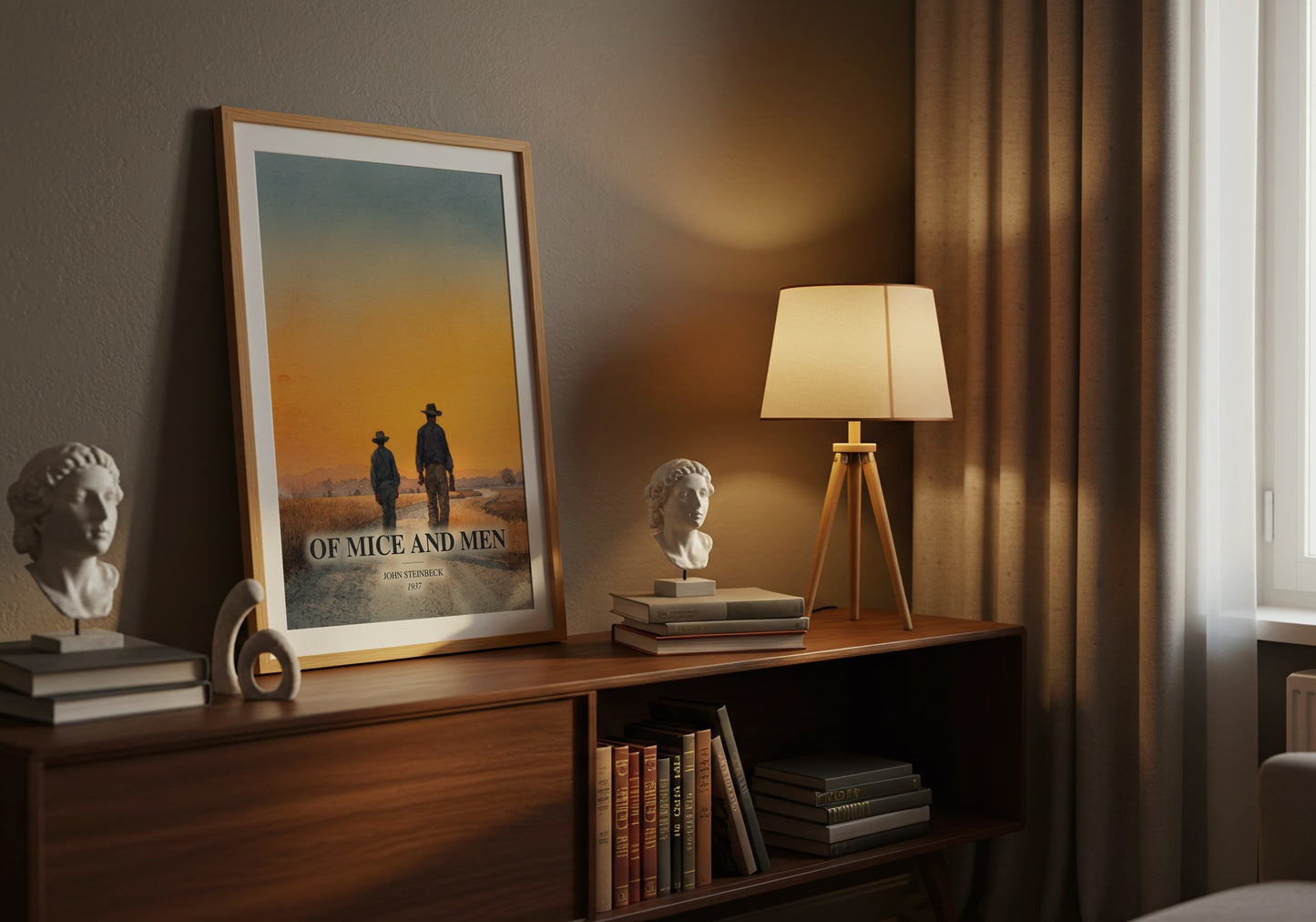 Of Mice And Men watercolour print on bookshelf – John Steinbeck fan gift