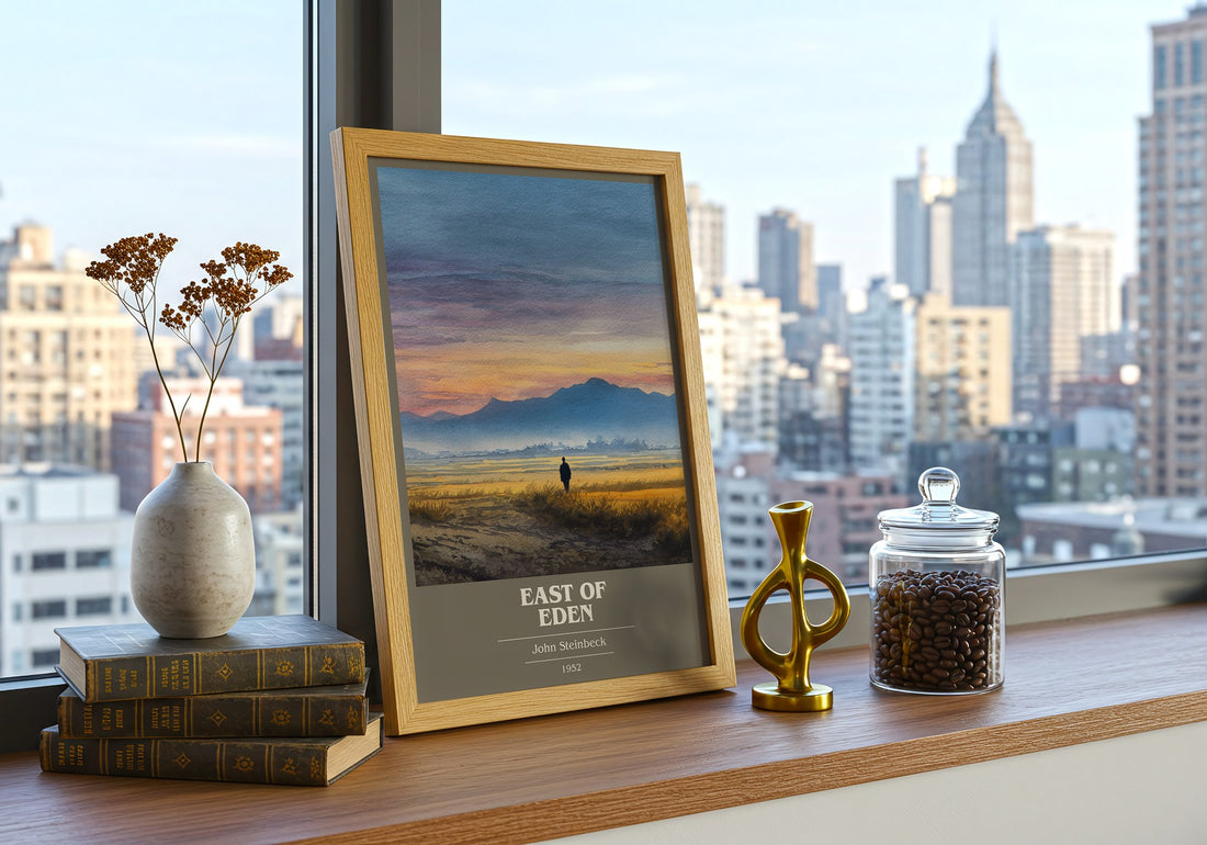 East of Eden Book Cover Poster by John Steinbeck – framed print on a city-view windowsill
