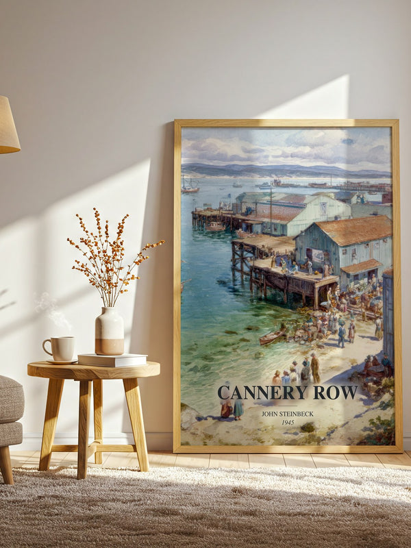 Cannery Row watercolour print in frame leaning in hallway – literary fiction wall art