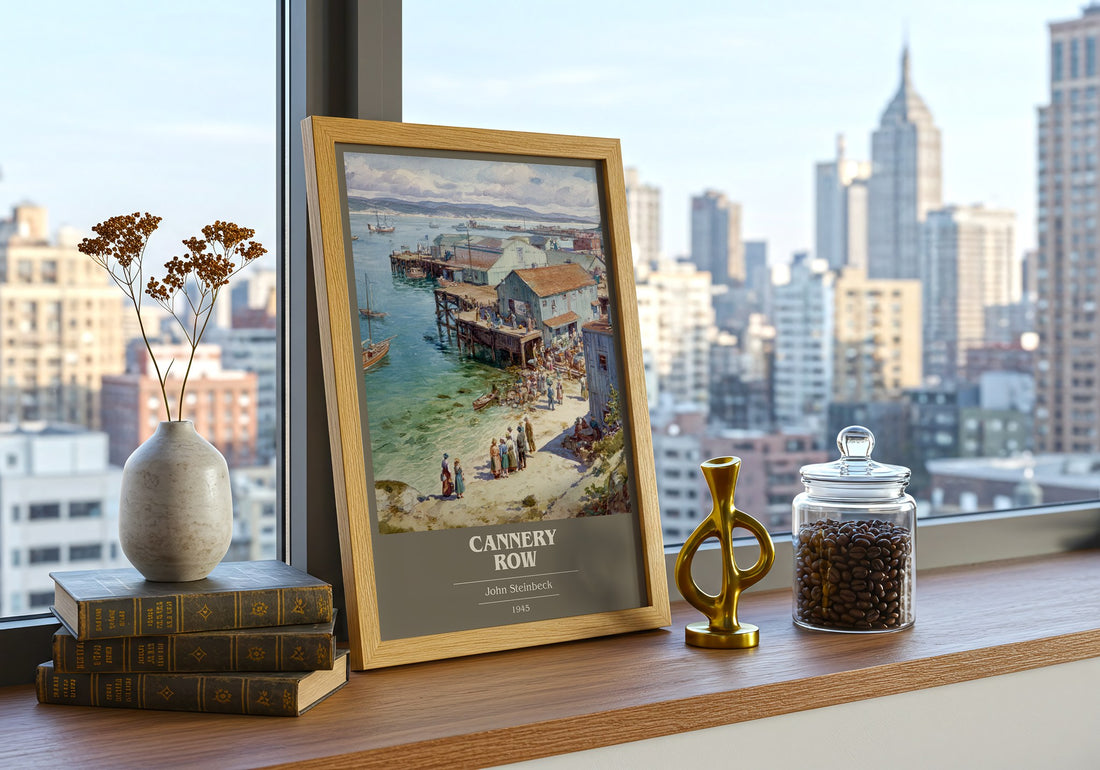 Cannery Row Book Cover Poster by John Steinbeck – framed print on a city-view windowsill