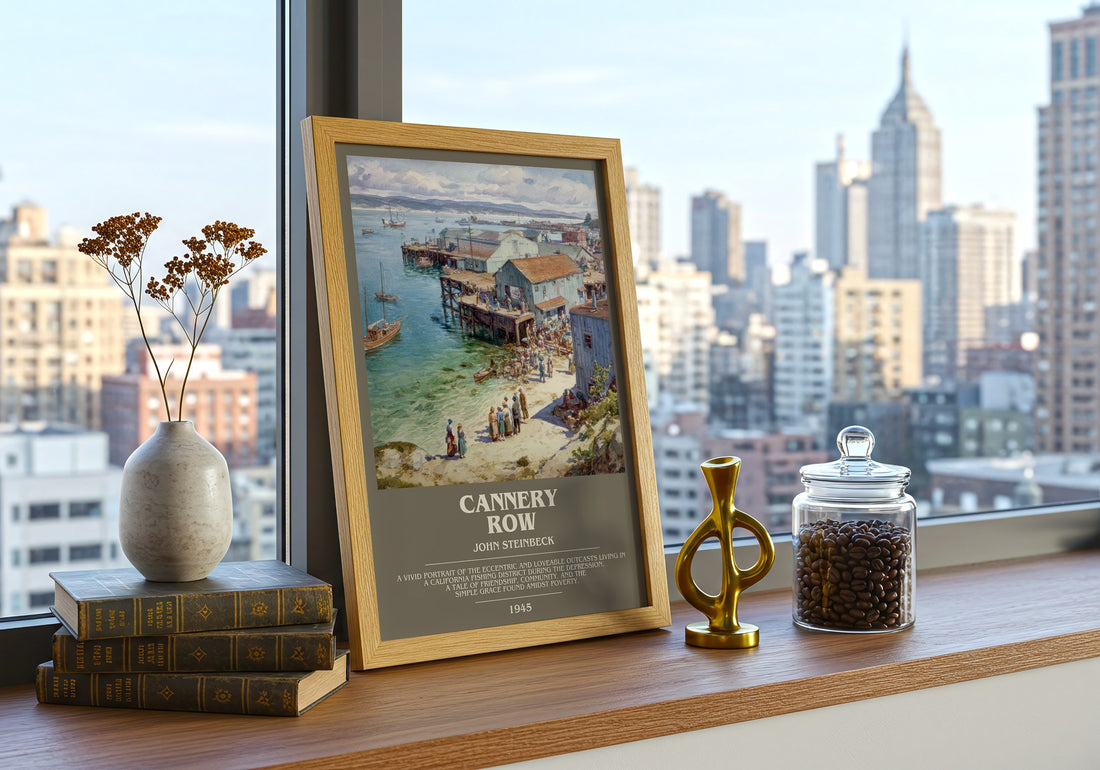 Cannery Row Bookish Wall Art by John Steinbeck – framed print on a city-view windowsill