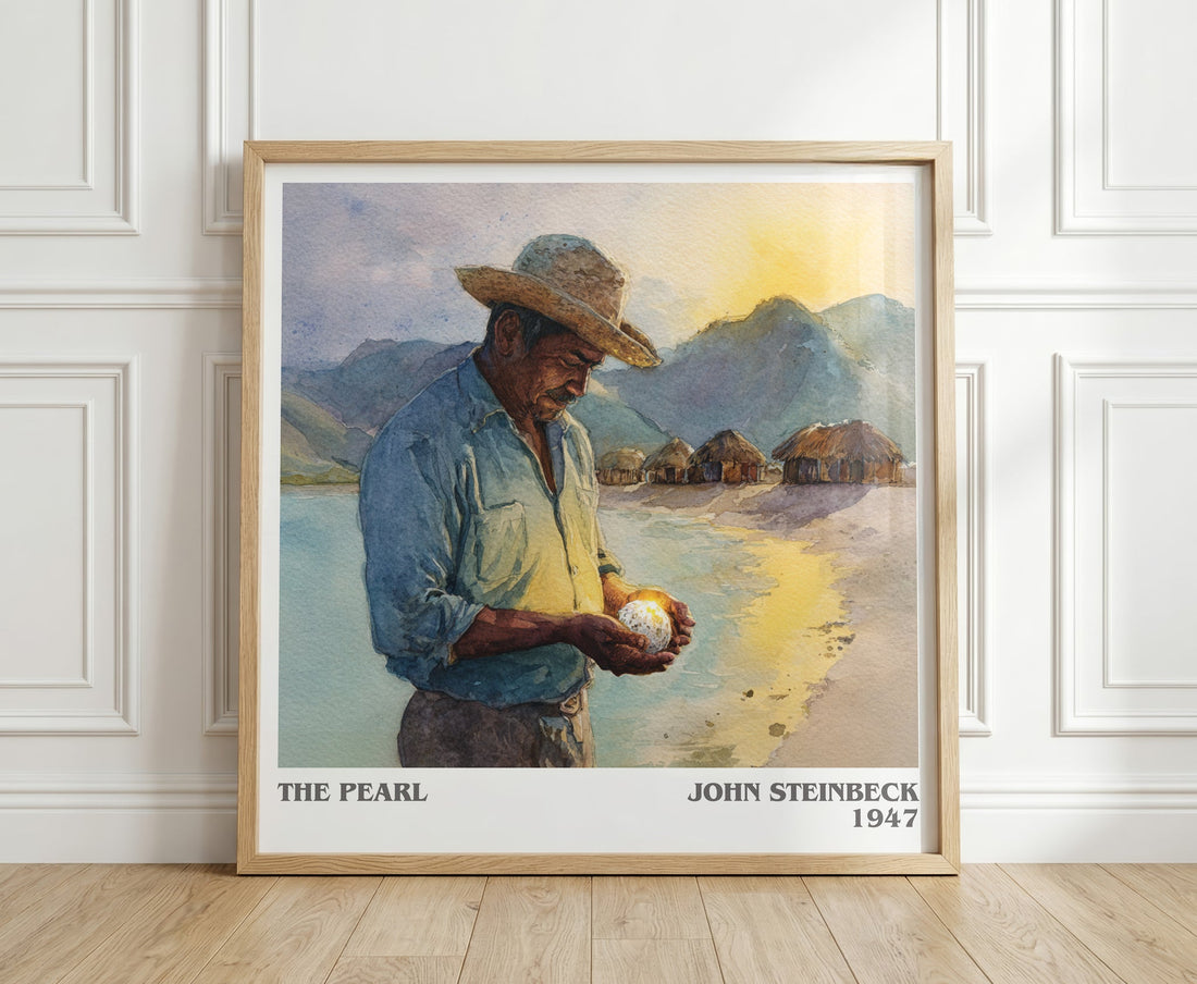 The Pearl literary print in frame leaning in hallway – literary fiction wall art (mockup)
