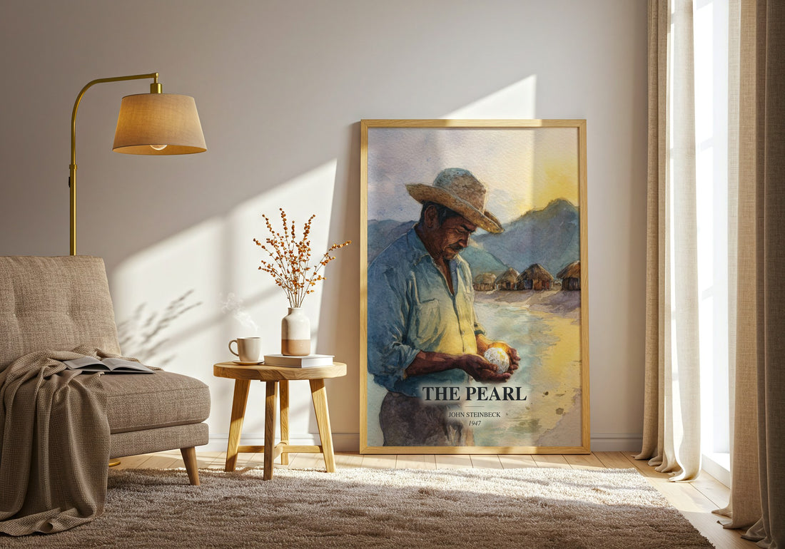 The Pearl watercolour print in frame leaning in hallway – literary fiction wall art (mockup)
