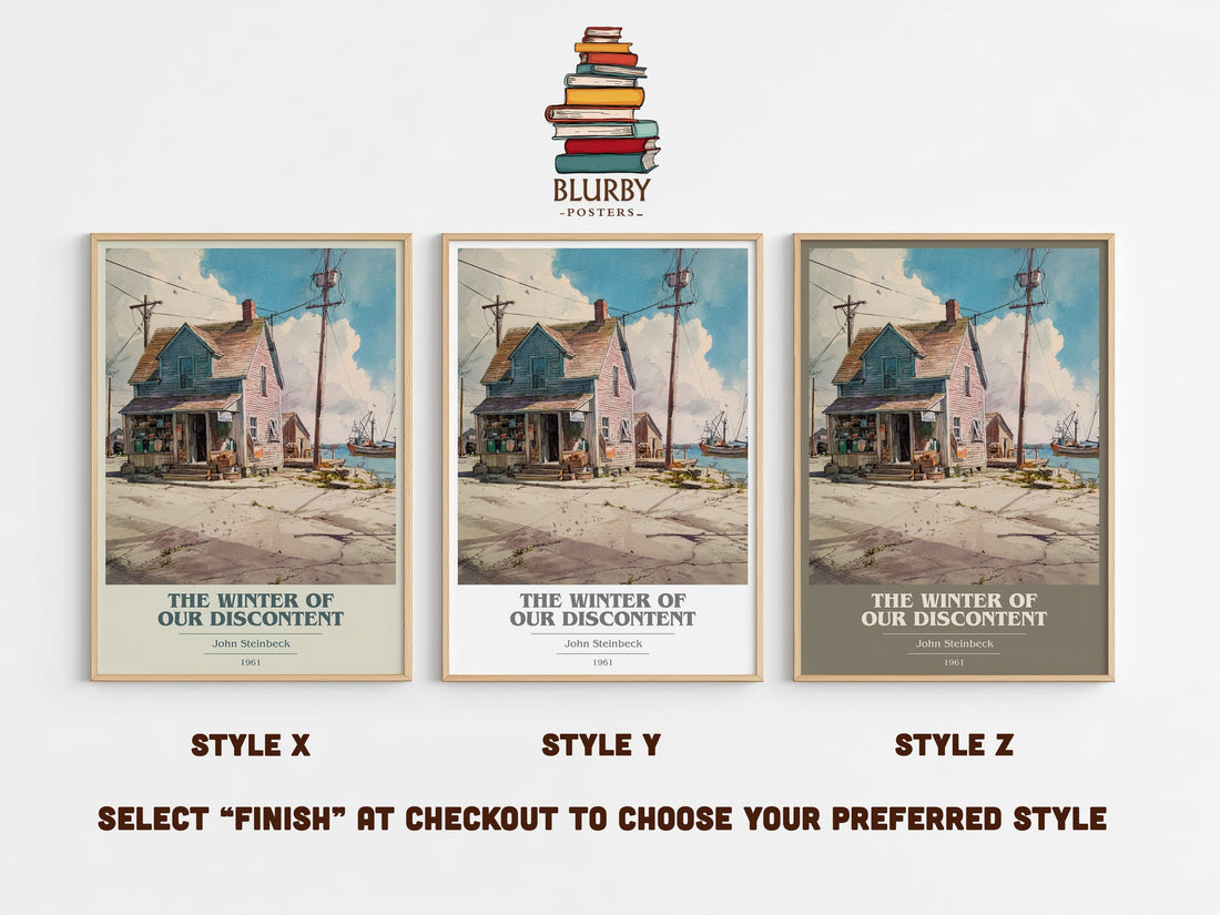 The Winter of Our Discontent book cover print in frame leaning in hallway – classic literature wall art (mockup)