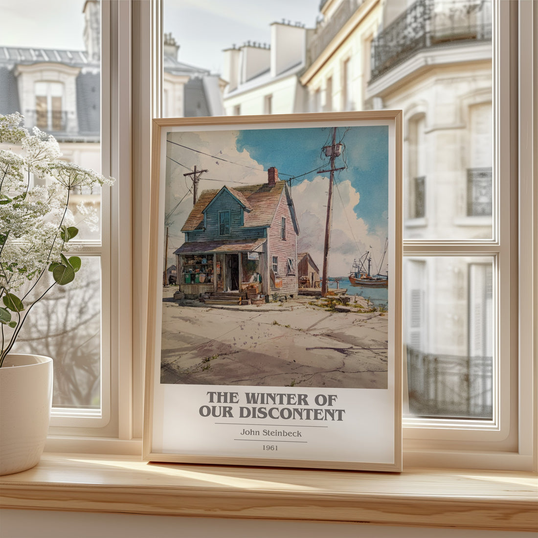 The Winter of Our Discontent Book Cover Poster by John Steinbeck – framed print by a bright window