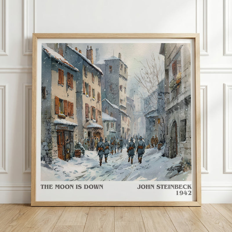 The Moon Is Down literary print in frame leaning in hallway – classic literature wall art