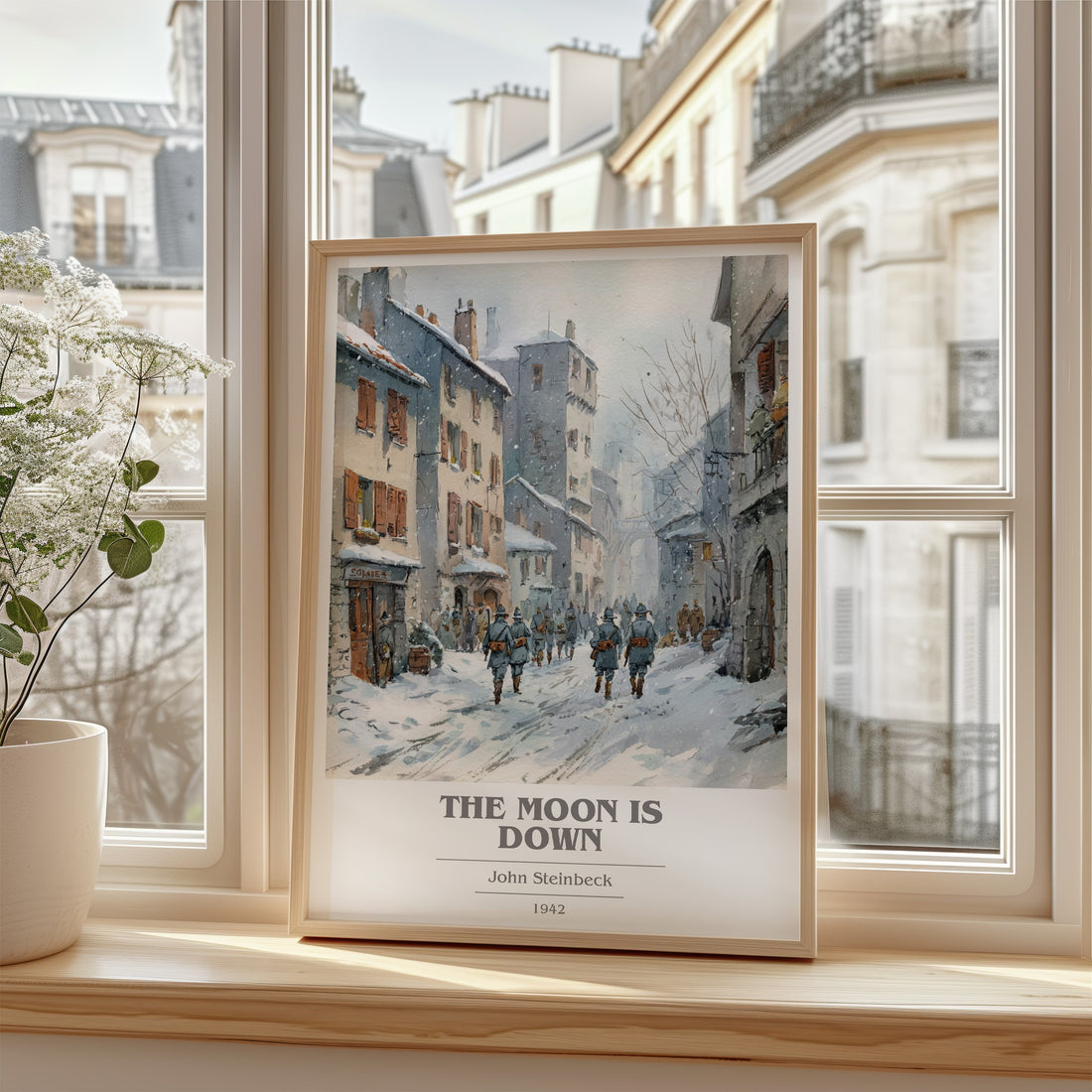 The Moon Is Down Book Cover Poster by John Steinbeck – framed print by a bright window