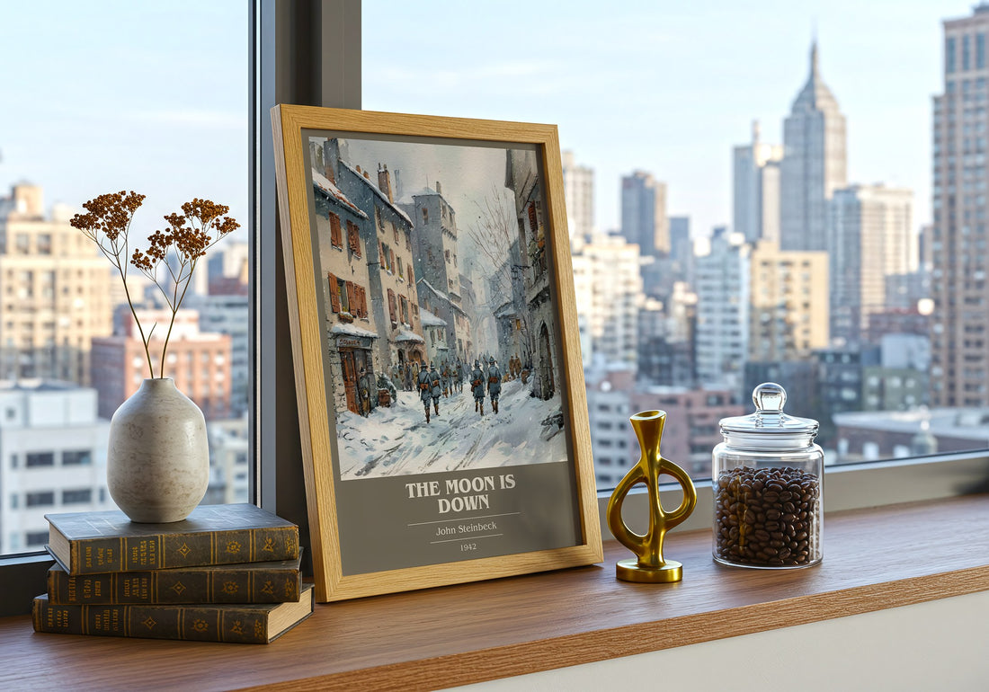 The Moon Is Down Book Cover Poster by John Steinbeck – framed print on a city-view windowsill