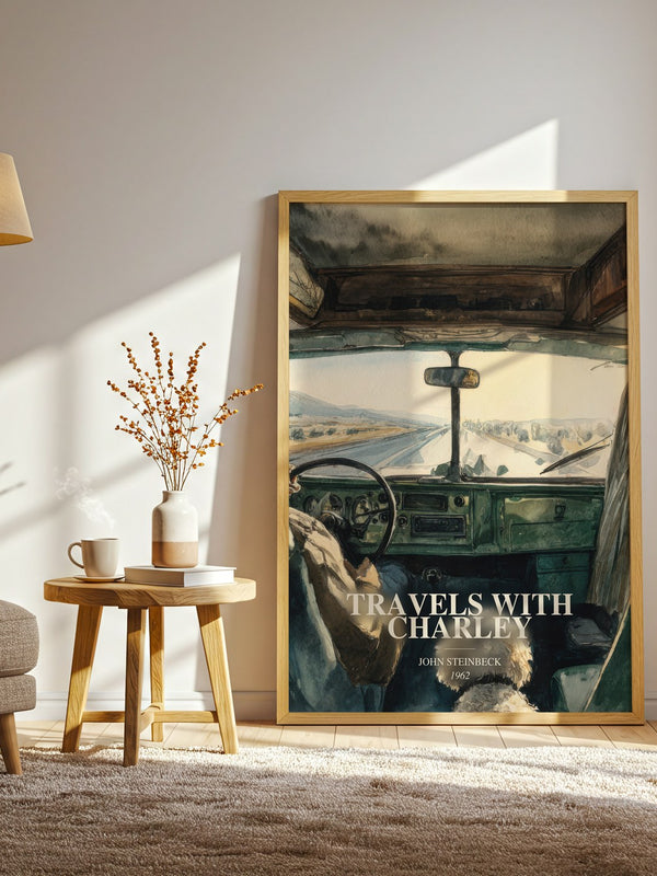 Travels With Charley watercolour print in frame leaning in hallway – non fiction wall art