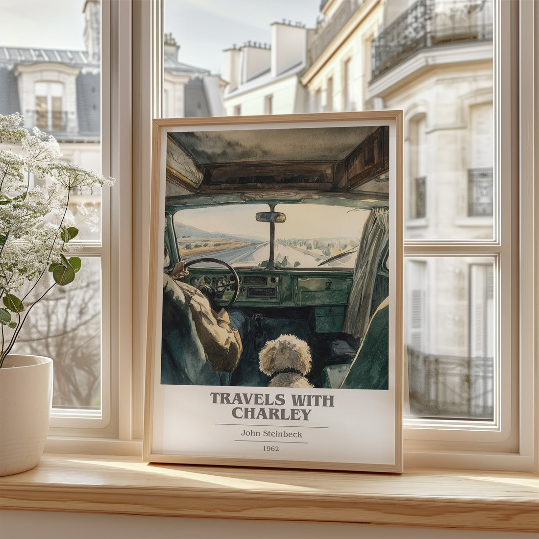 Travels with Charley Book Cover Poster by John Steinbeck – framed print by a bright window