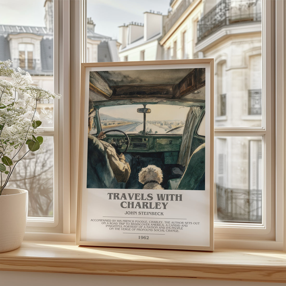 Travels with Charley Bookish Wall Art by John Steinbeck – framed print by a bright window