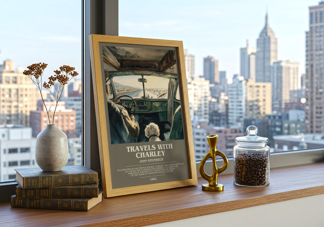 Travels with Charley Bookish Wall Art by John Steinbeck – framed print on a city-view windowsill