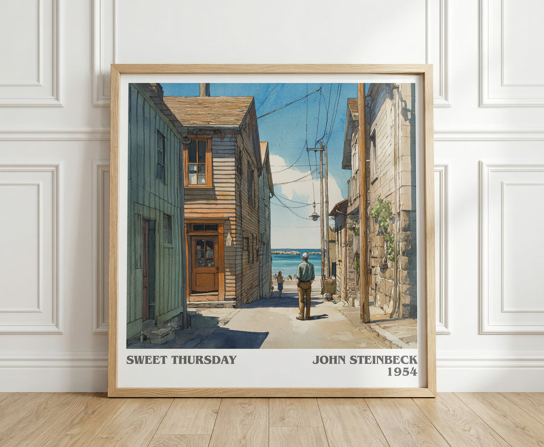 Sweet Thursday literary print in frame leaning in hallway – non fiction wall art (mockup)