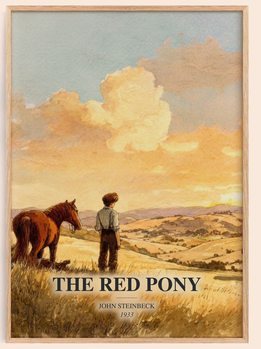 The Red Pony watercolour book poster by John Steinbeck – framed literary art print