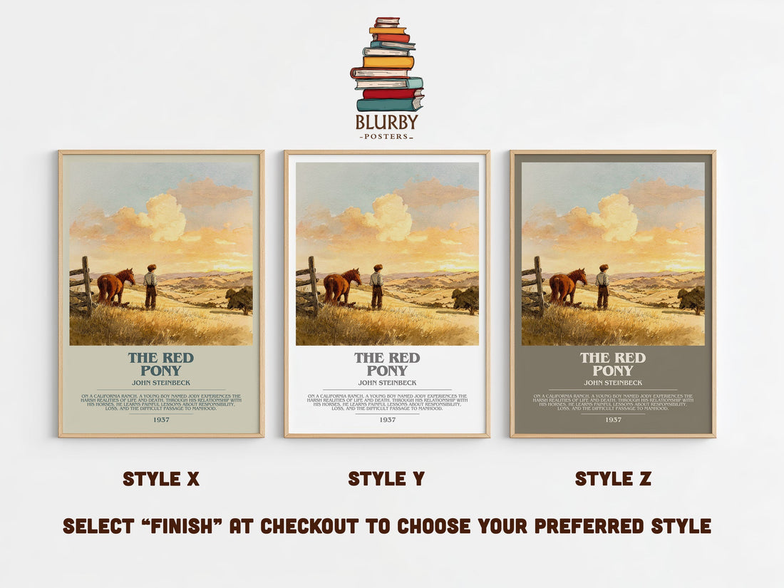 The Red Pony bookish print in frame leaning in hallway – literary fiction wall art (mockup)
