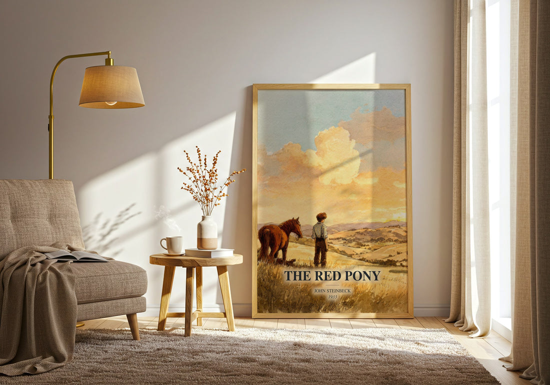The Red Pony watercolour print in frame leaning in hallway – coming of age wall art (mockup)