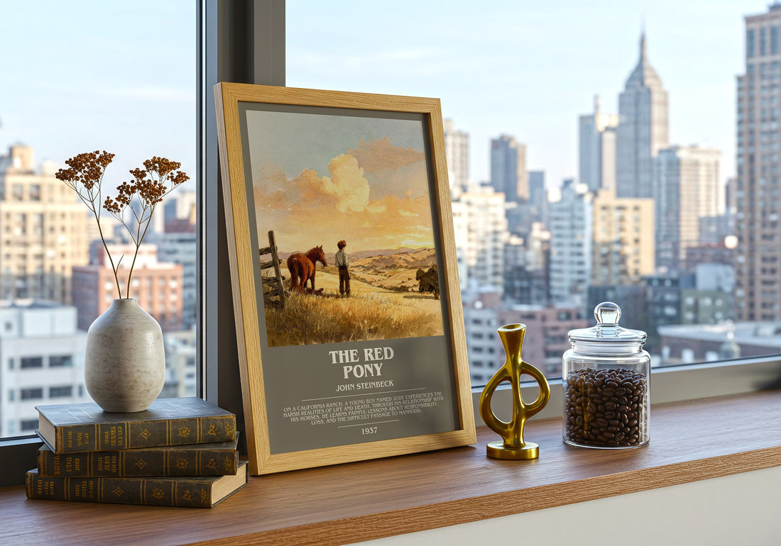 The Red Pony Bookish Wall Art by John Steinbeck – framed print on a city-view windowsill