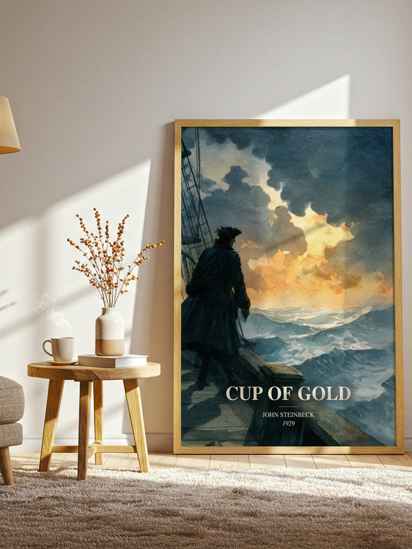 Cup Of Gold watercolour print in frame leaning in hallway – historical fiction wall art