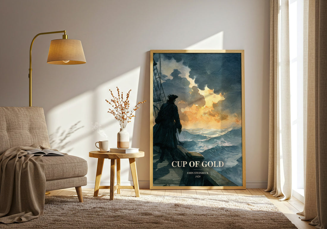 Cup Of Gold watercolour print in frame leaning in hallway – historical fiction wall art (mockup)