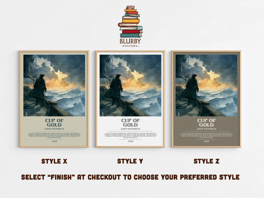Cup of Gold bookish print in frame leaning in hallway – coming of age wall art (mockup)
