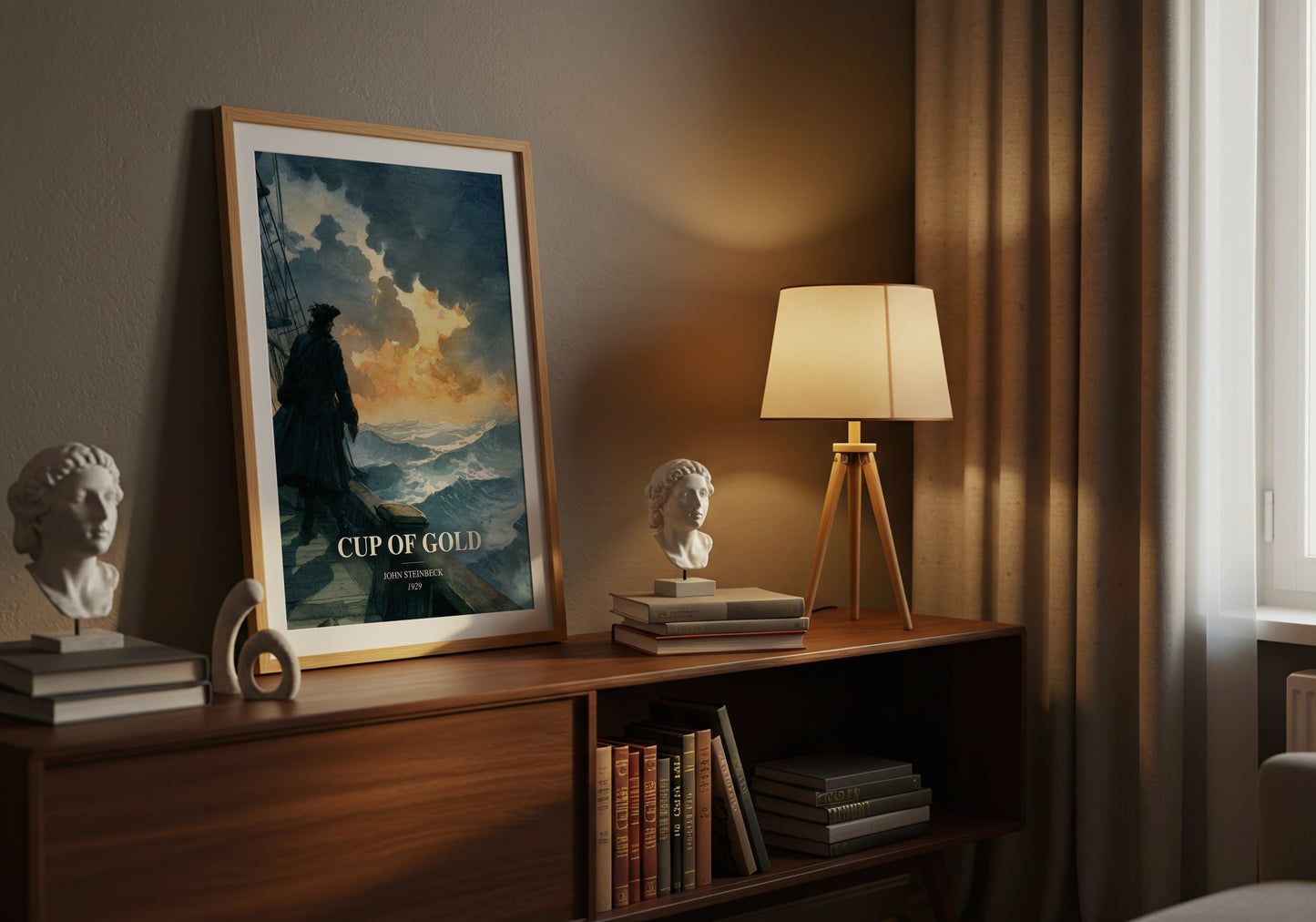 Cup Of Gold watercolour print on bookshelf – John Steinbeck fan gift