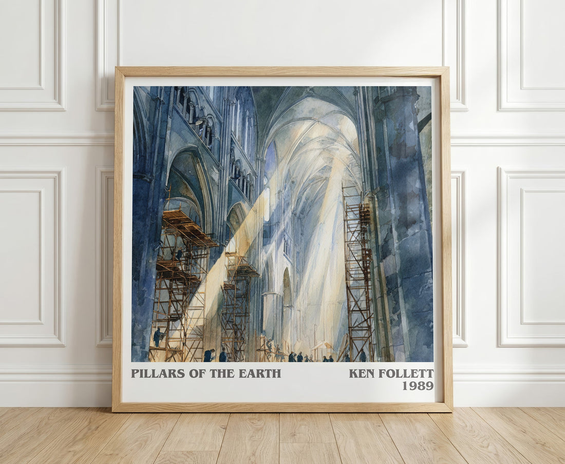 The Pillars of the Earth literary print in frame leaning in hallway – coming of age wall art (mockup)