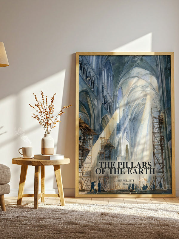 The Pillars Of The Earth watercolour print in frame leaning in hallway – historical fiction wall art