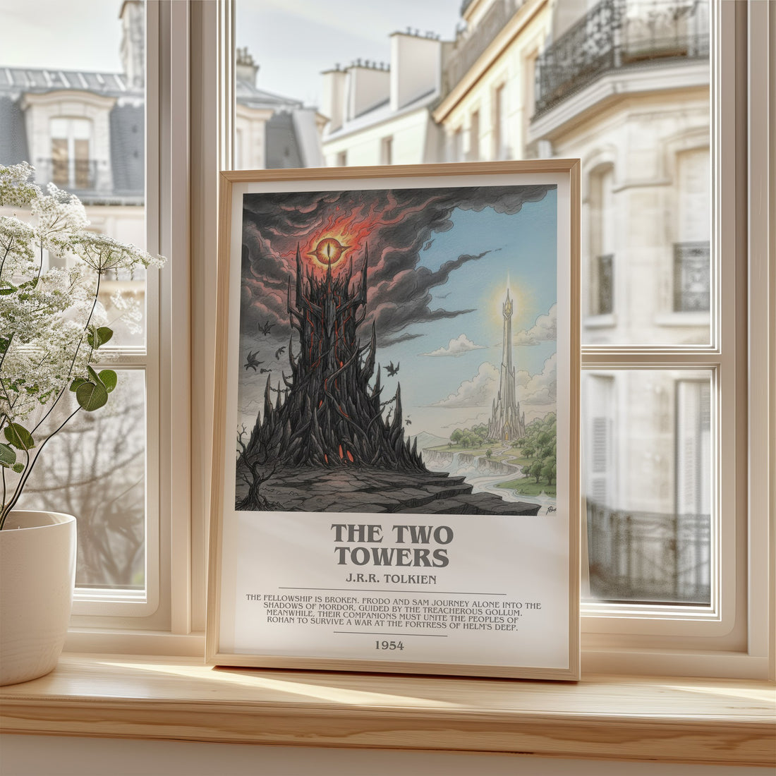 The Two Towers Bookish Wall Art by J.R.R. Tolkien – framed print by a bright window