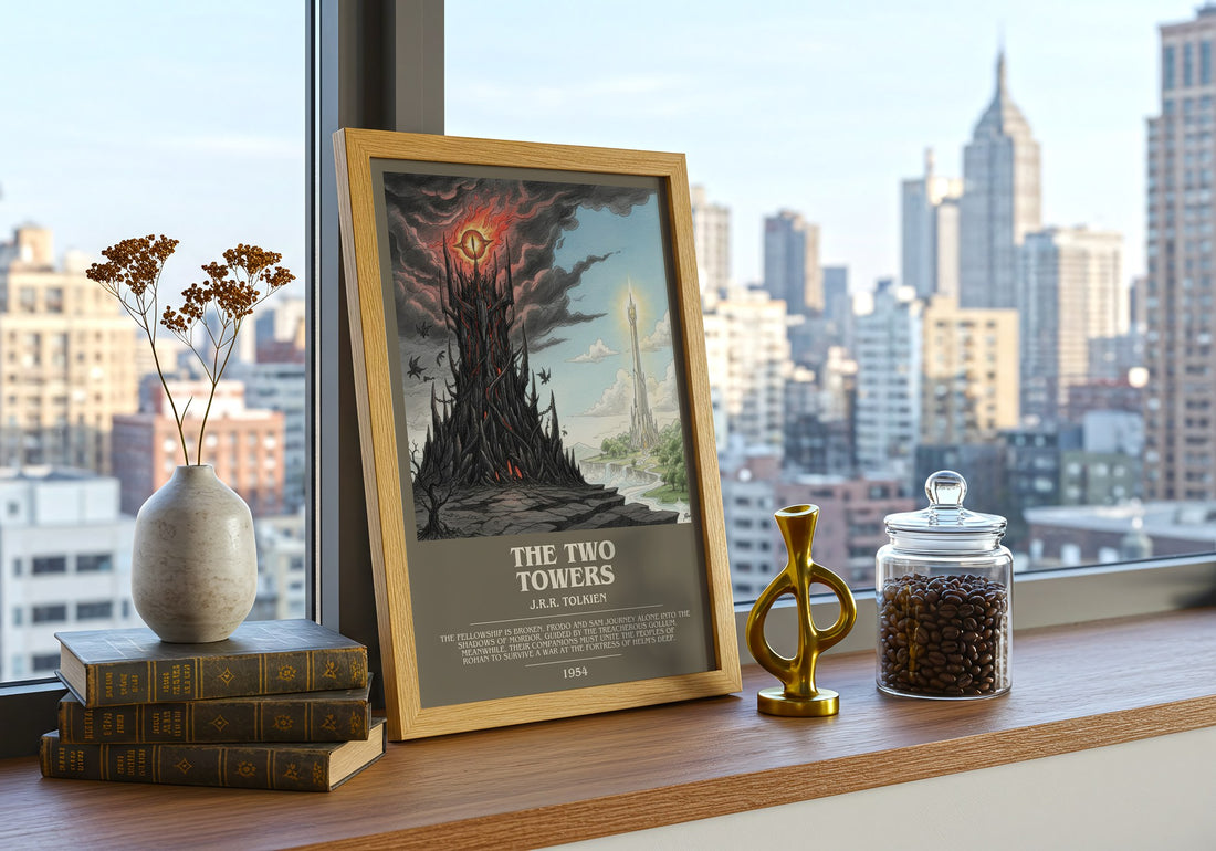 The Two Towers Bookish Wall Art by J.R.R. Tolkien – framed print on a city-view windowsill