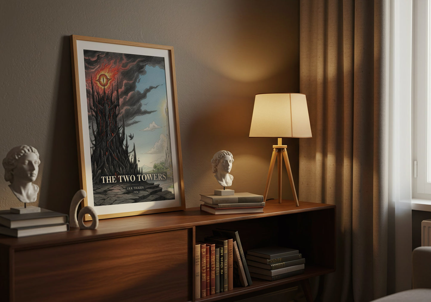 The Two Towers watercolour print on bookshelf – J.R.R. Tolkien fan gift