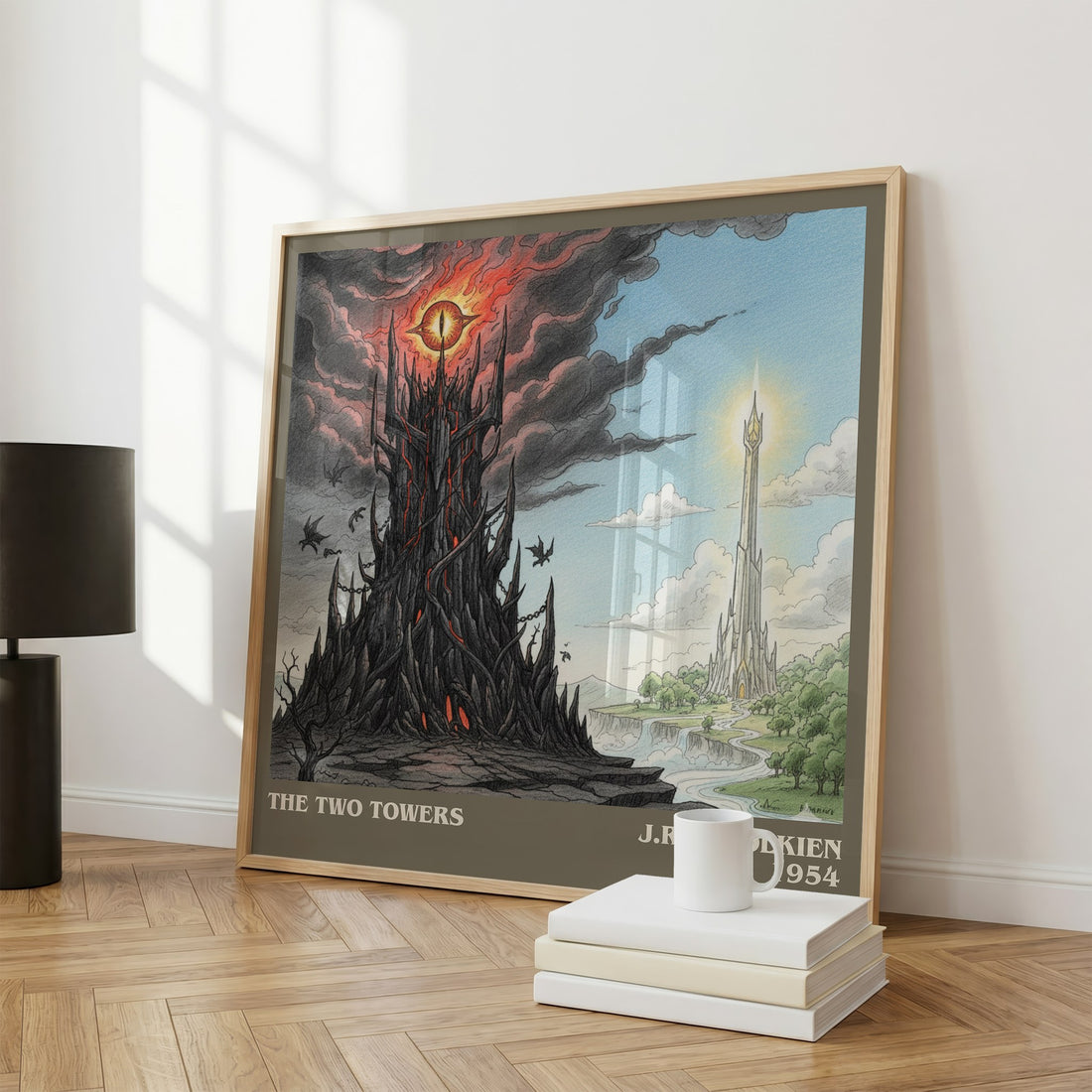 The Two Towers Literary Art Print by J.R.R. Tolkien – large square framed print leaning against a wall